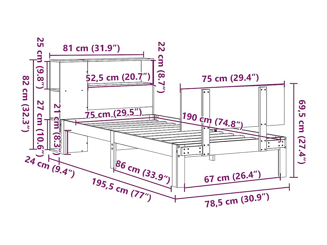 Cama com estante sem colchão 75x190 cm pinho maciço branco