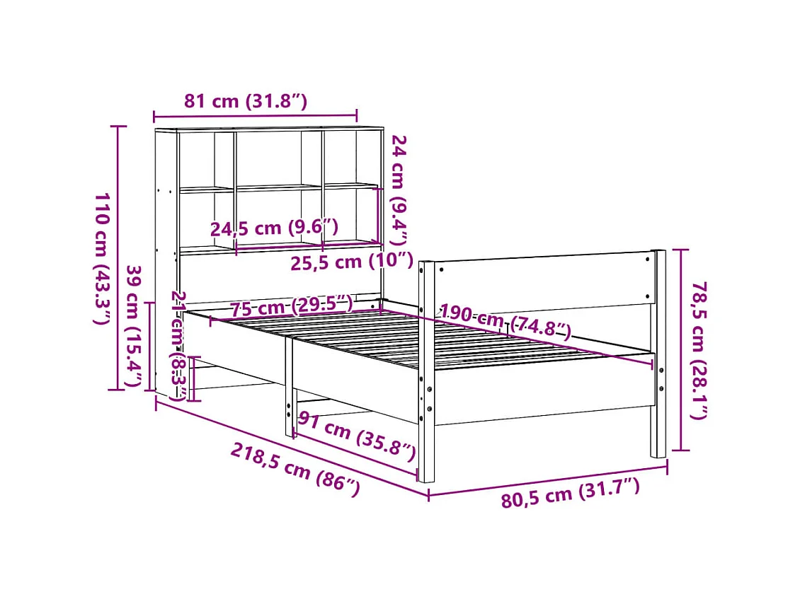 Massivholzbett mit Regal ohne Matratze Wachsbraun 75x190 cm