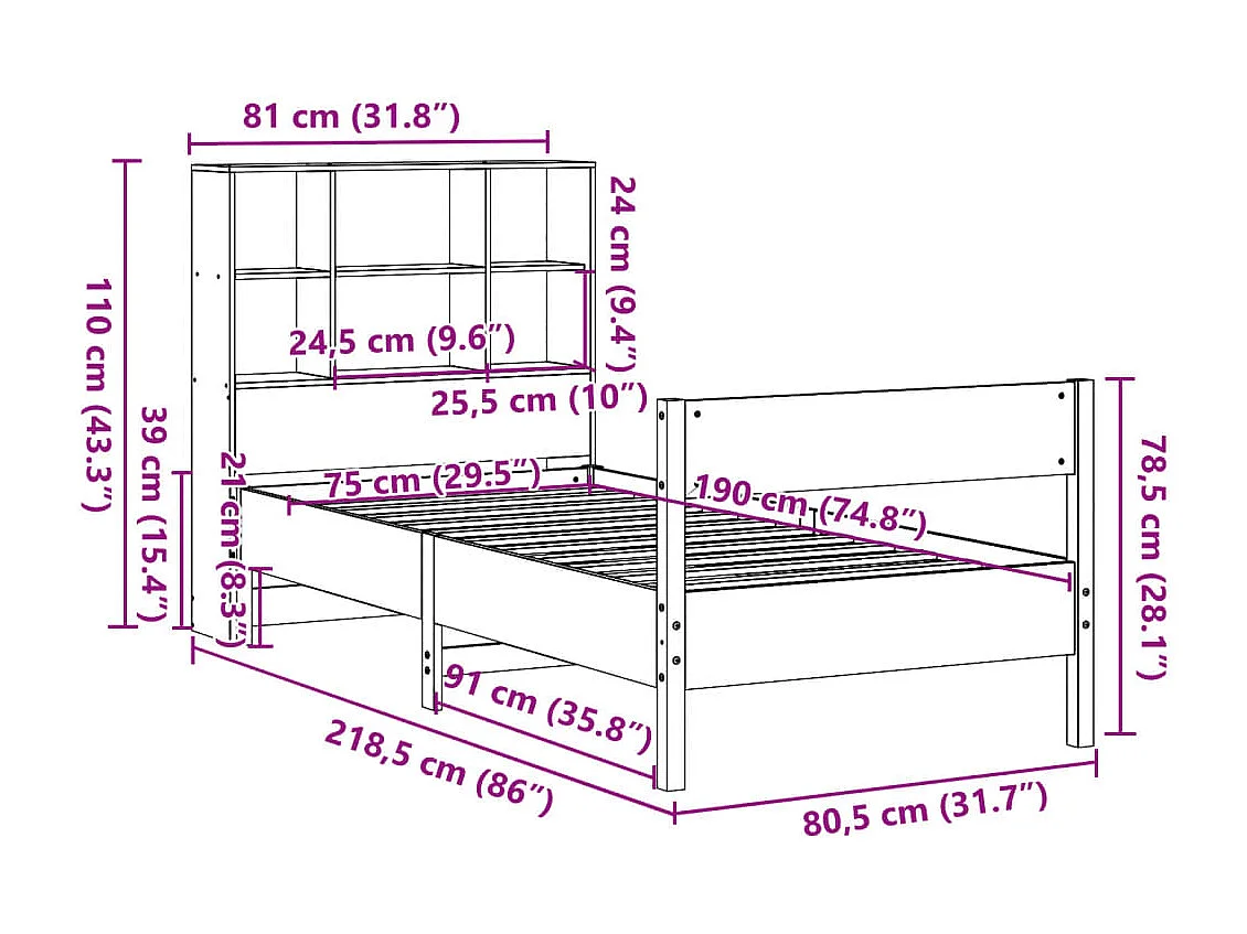 Bed met boekenkast zonder matras grenenhout wasbruin 75x190 cm