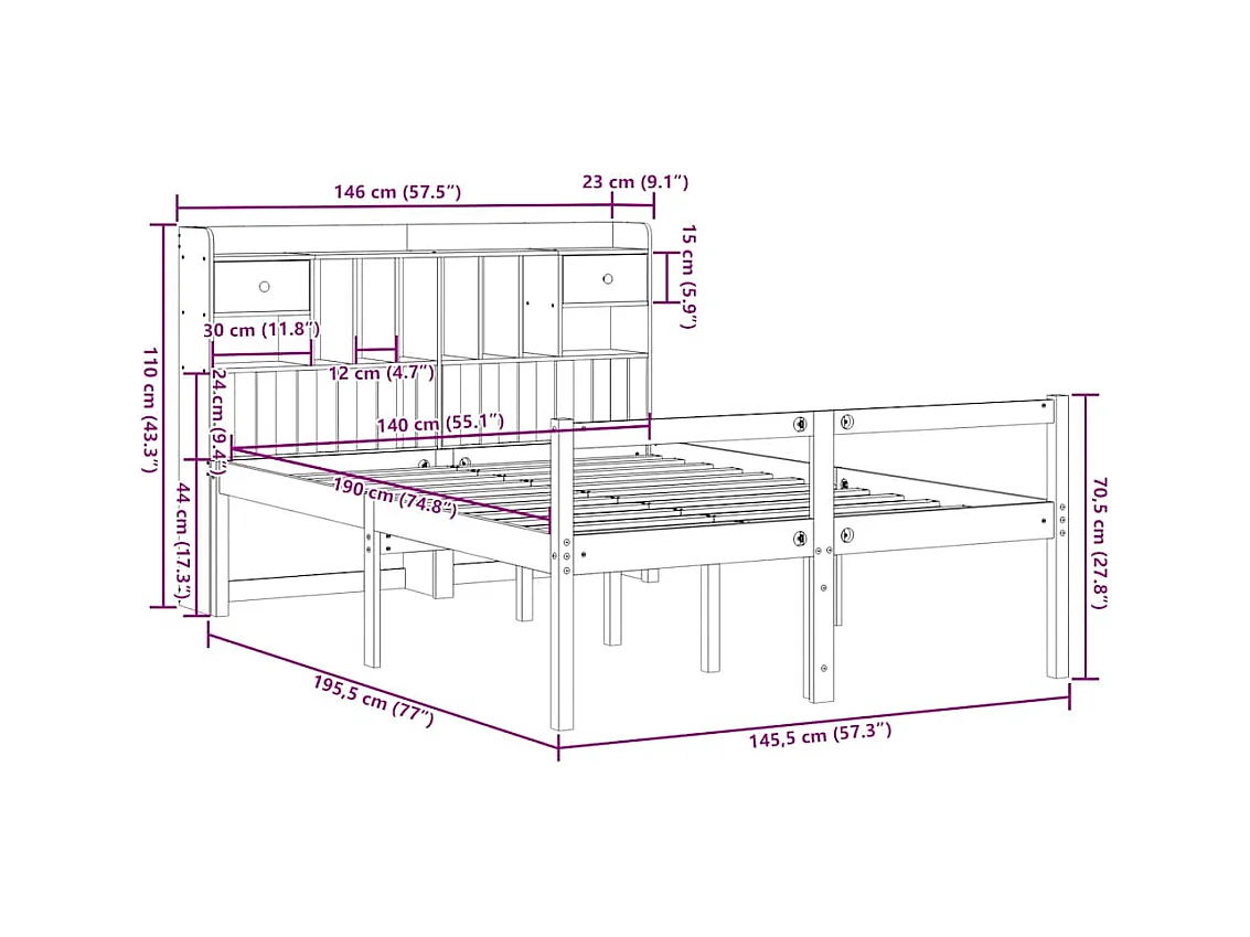 Lit bibliothèque sans matelas 140x190 cm bois de pin massif