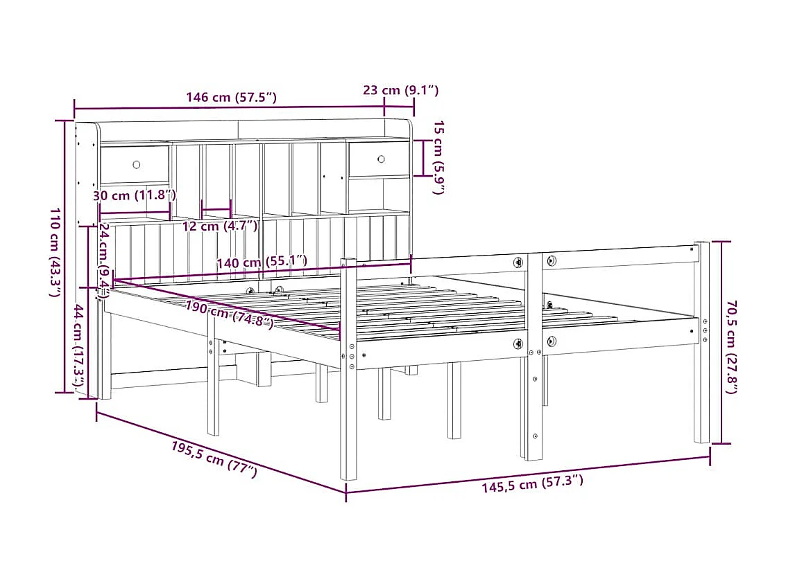 Letto Libreria senza Materasso 140x190 cm in Legno di Pino