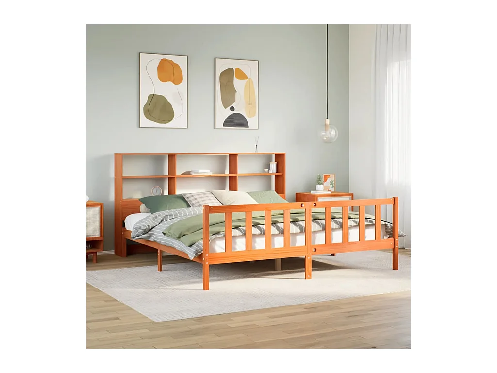 Massivholzbett mit Regal ohne Matratze Wachsbraun 180x200 cm