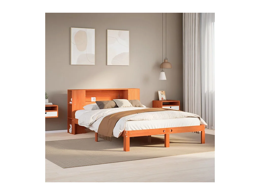 Lit bibliothèque sans matelas cire marron 120x200 cm pin massif