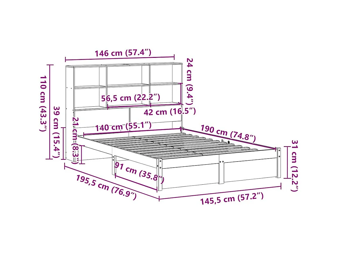 Lit bibliothèque sans matelas 140x190 cm bois de pin massif