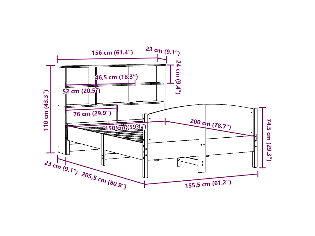 Lit bibliothèque sans matelas cire marron 150x200 cm pin massif