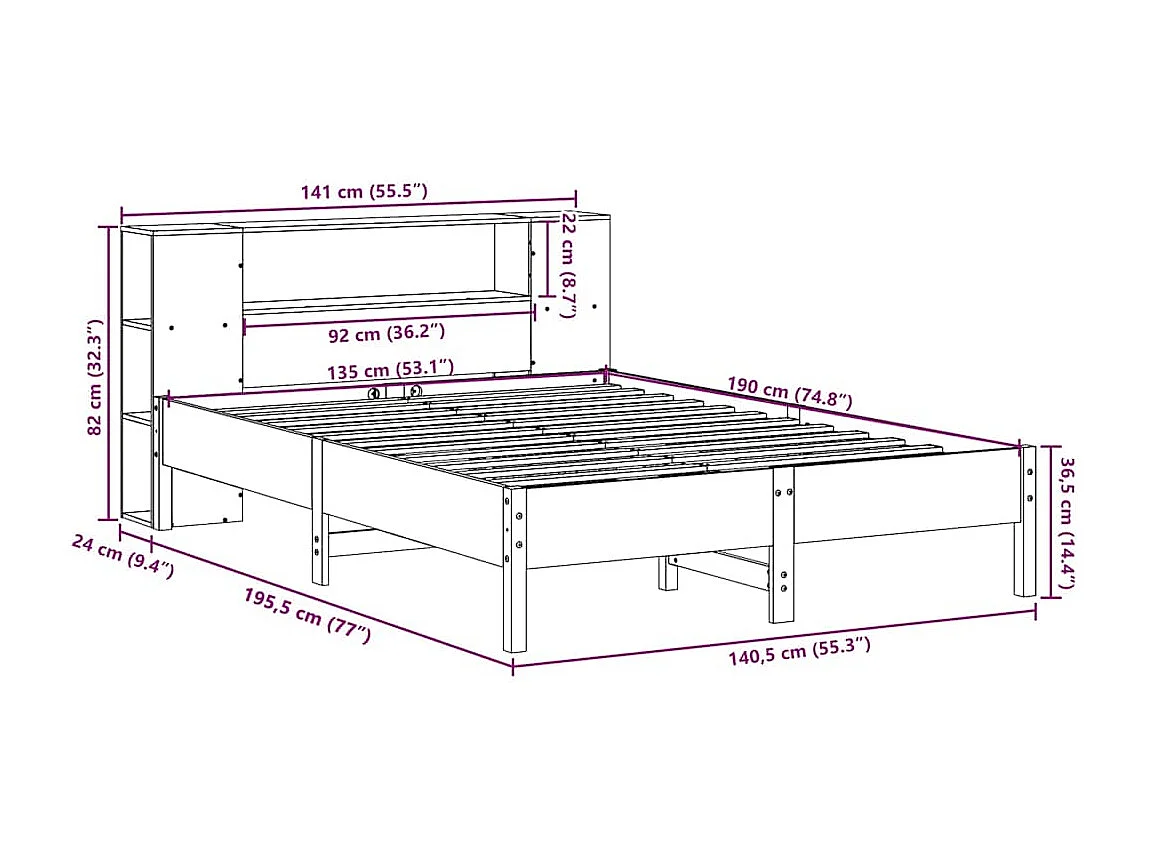 Lit bibliothèque sans matelas blanc 135x190 cm bois pin massif
