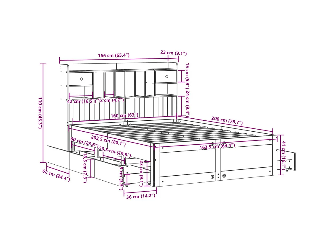 Cama con estantería sin colchón madera maciza marrón 160x200 cm