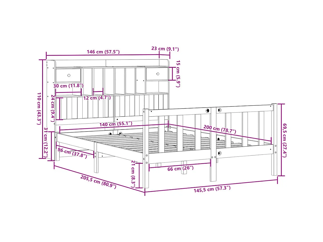 Lit bibliothèque sans matelas 140x200 cm bois massif de pin
