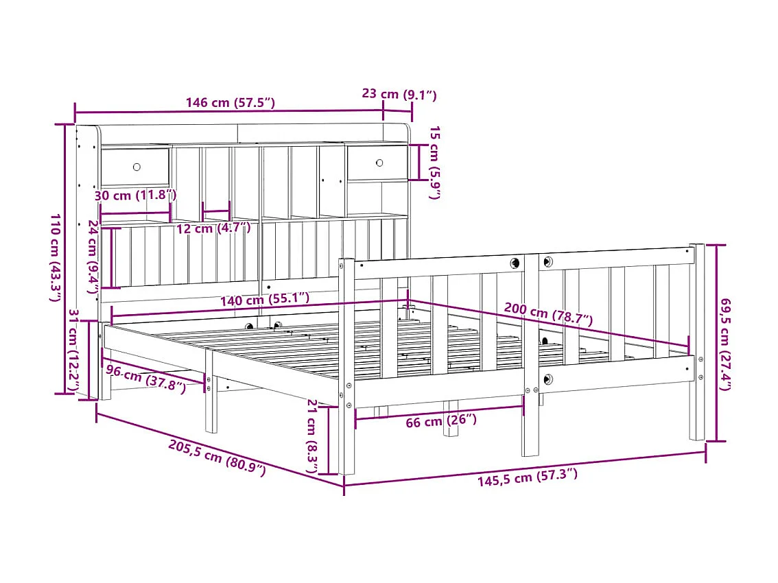 Massivholzbett mit Regal ohne Matratze 140x200 cm Kiefernholz