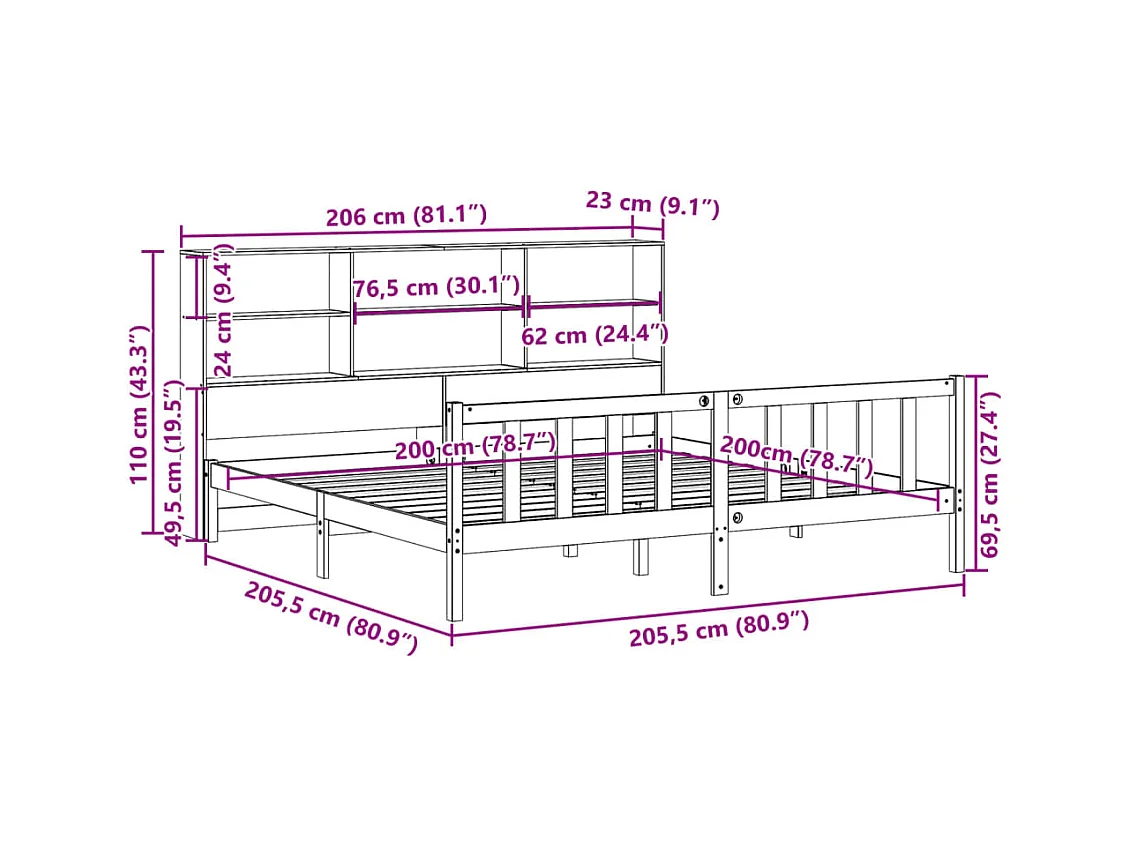 Lit bibliothèque sans matelas blanc 200x200 cm bois pin massif