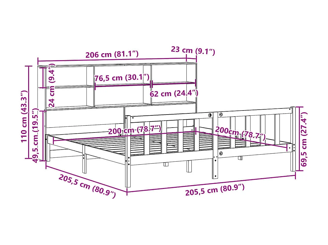 Lit bibliothèque sans matelas blanc 200x200 cm bois pin massif