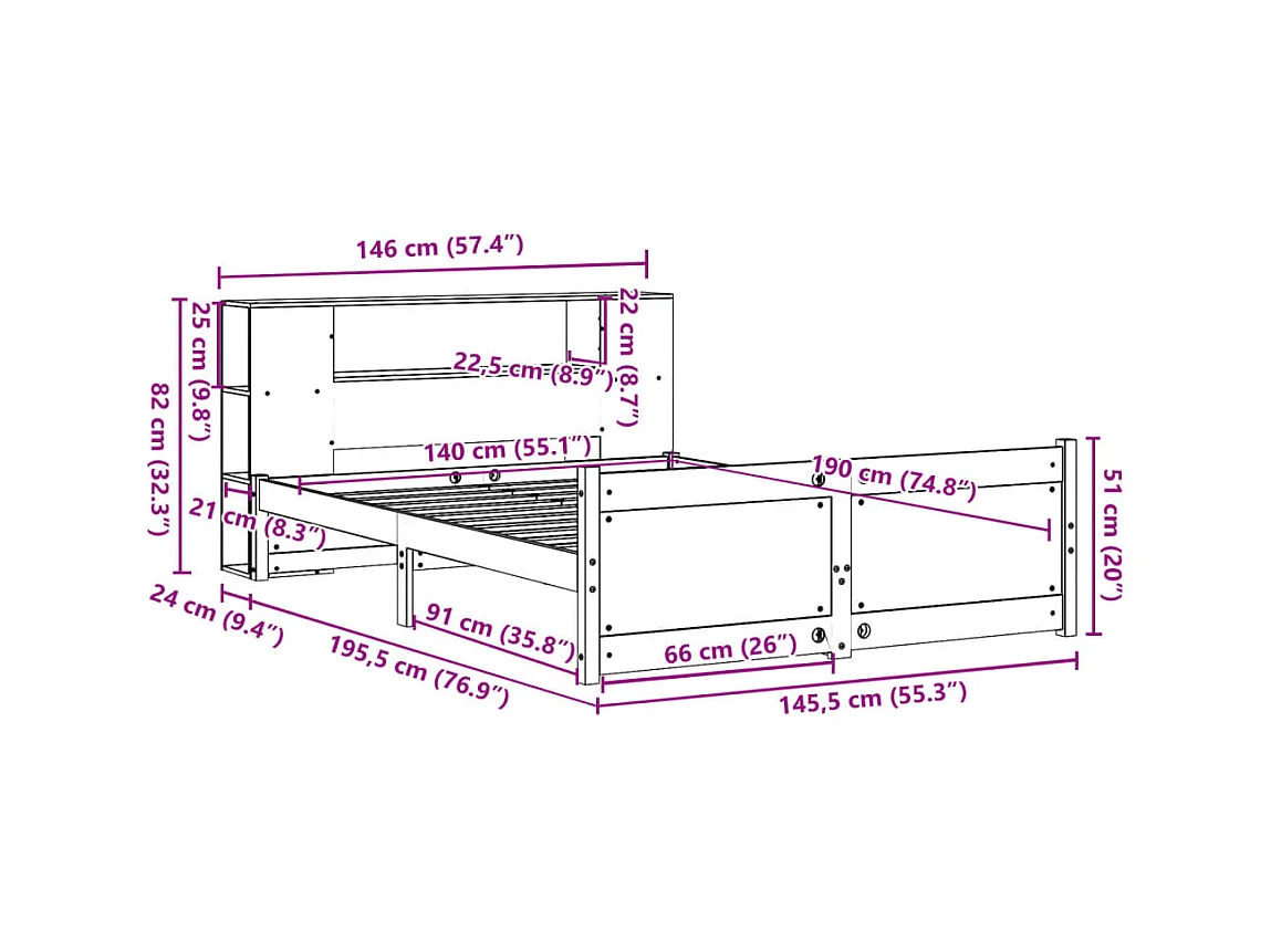 Lit bibliothèque sans matelas 140x190 cm bois de pin massif