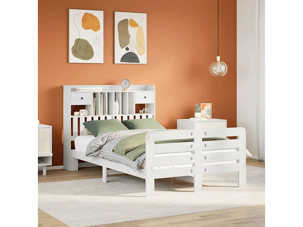 Lit bibliothèque sans matelas blanc 135x190 cm bois pin massif