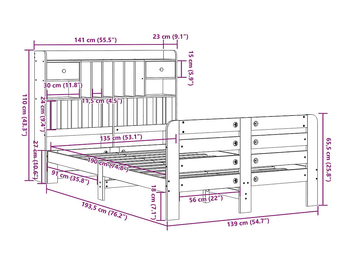 Lit bibliothèque sans matelas blanc 135x190 cm bois pin massif