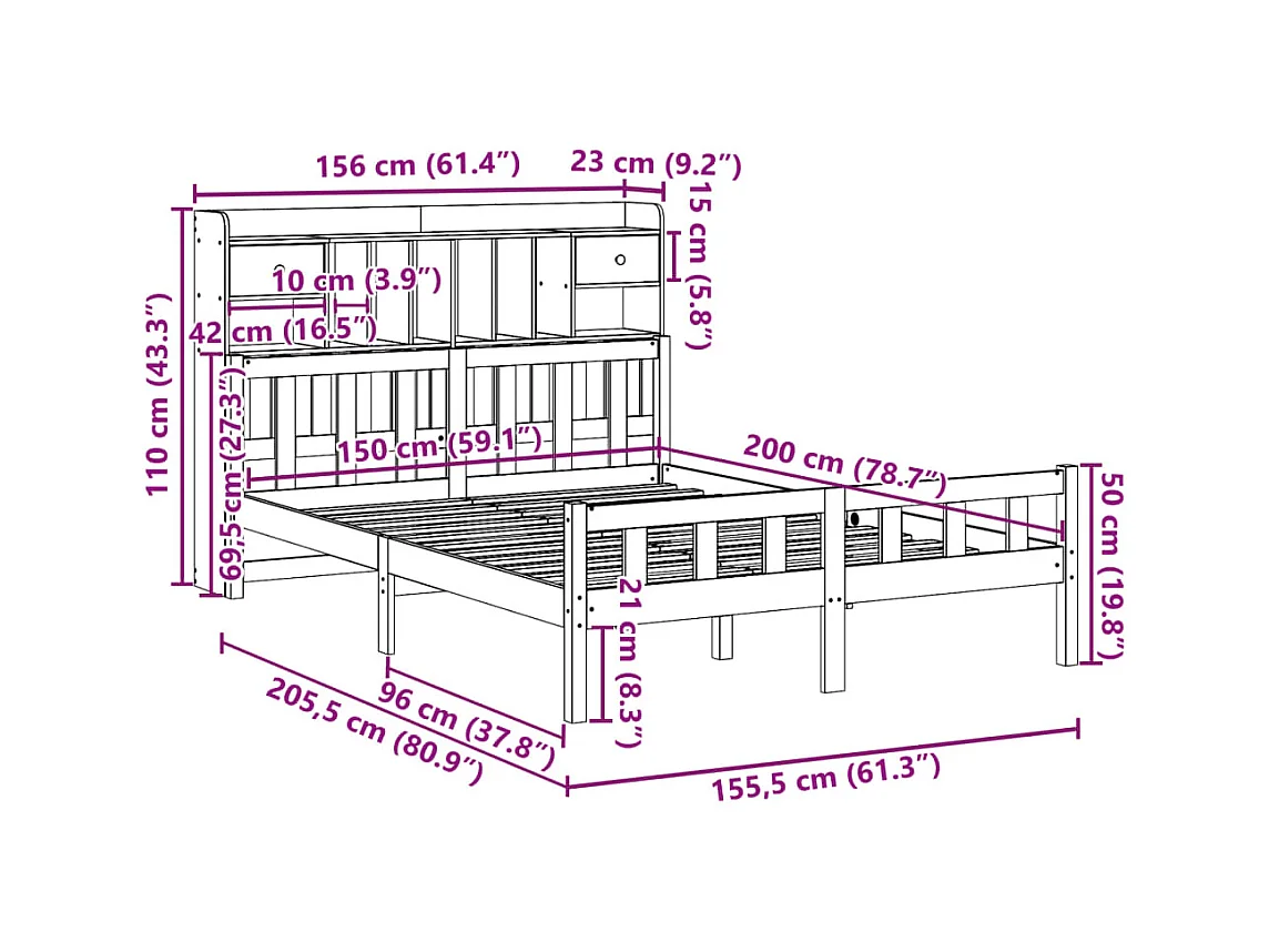 Bed met boekenkast zonder matras grenenhout wit 150x200 cm