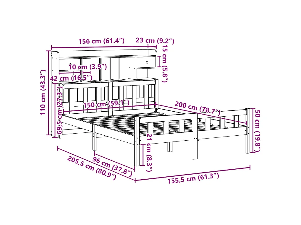 Lit bibliothèque sans matelas blanc 150x200 cm bois pin massif