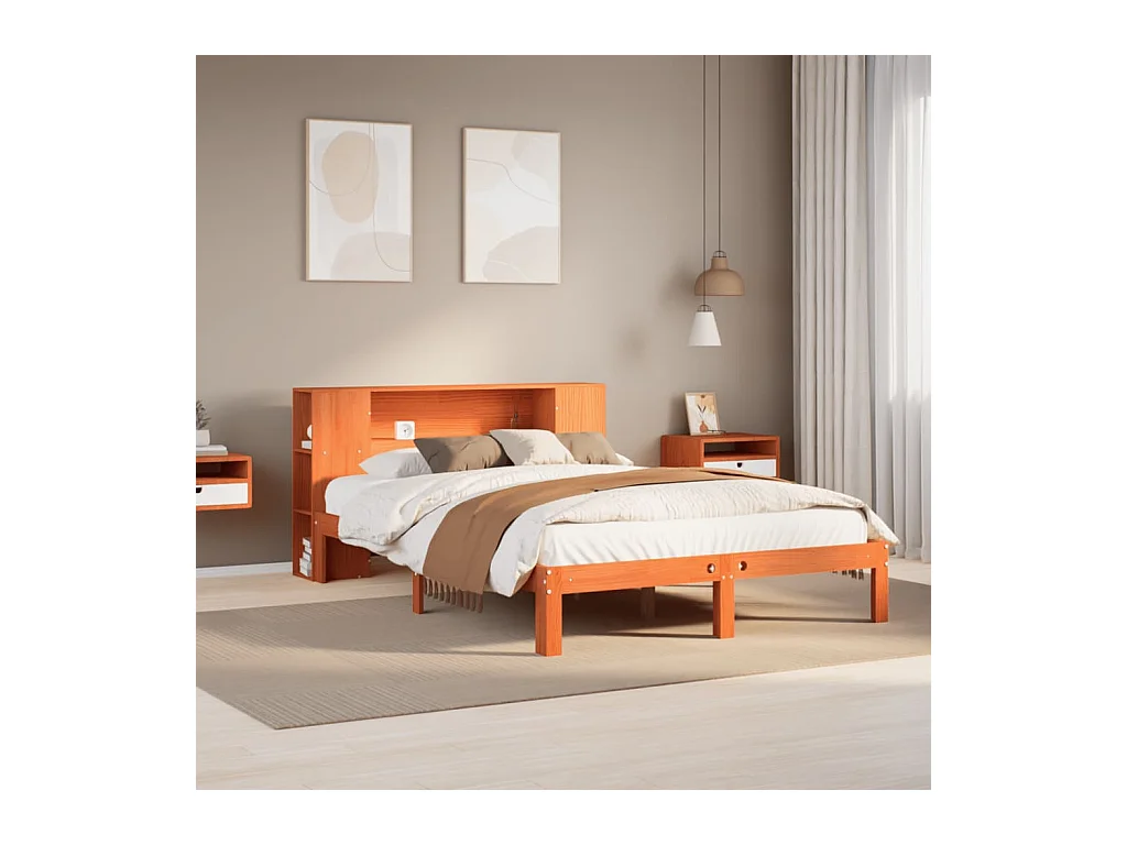 Lit bibliothèque sans matelas cire marron 140x190 cm pin massif