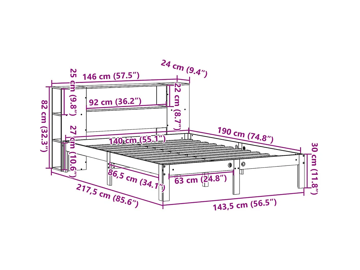 Lit bibliothèque sans matelas cire marron 140x190 cm pin massif