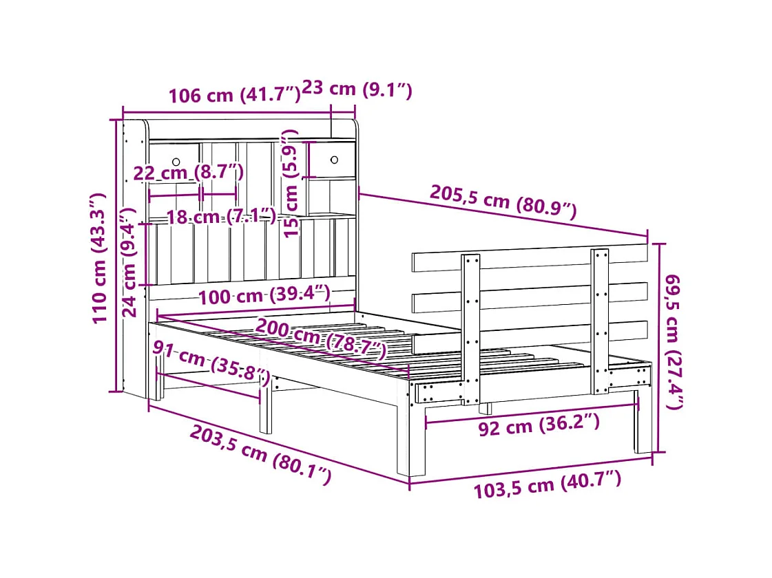 Bed met boekenkast zonder matras massief grenenhout 100x200 cm
