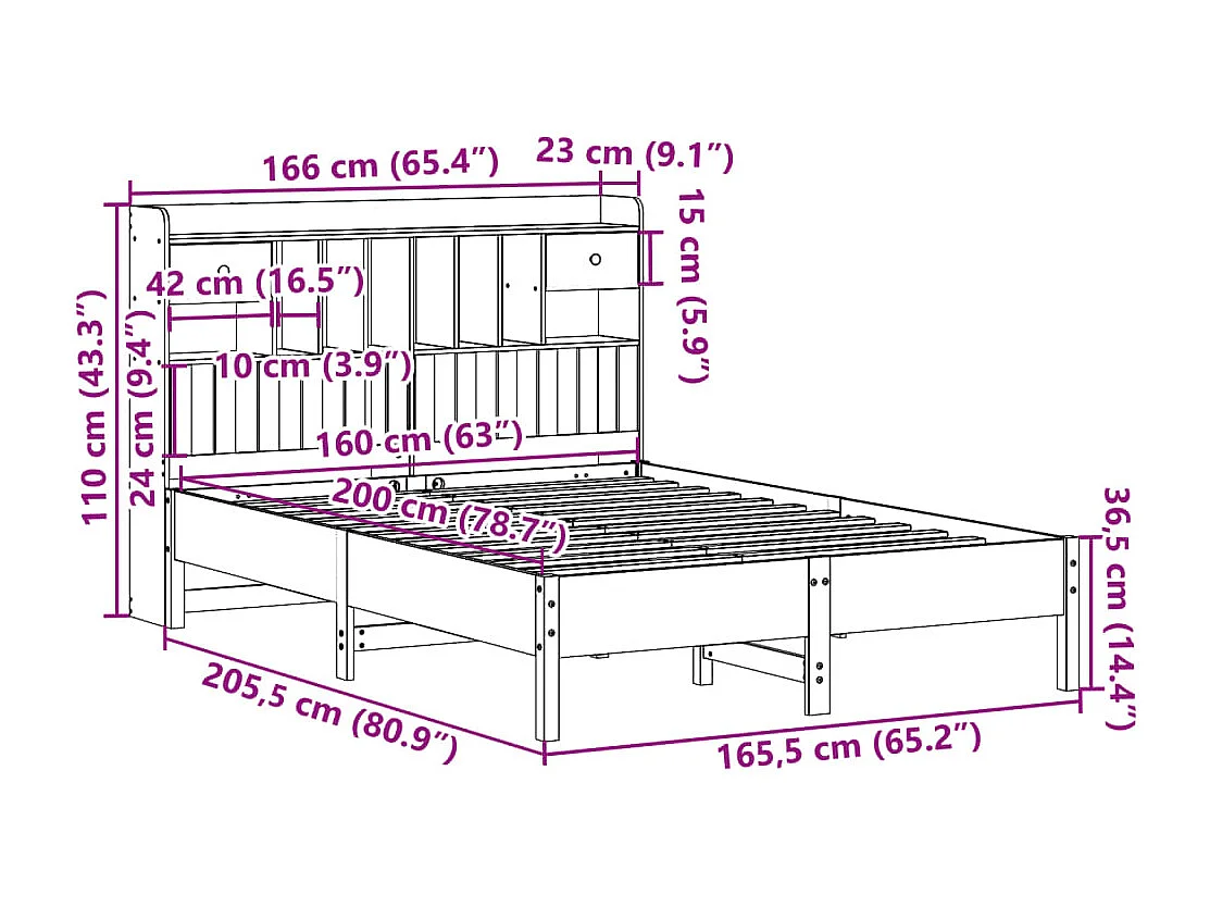 Lit bibliothèque sans matelas blanc 160x200 cm bois pin massif