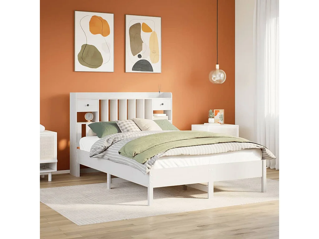 Lit bibliothèque sans matelas blanc 160x200 cm bois pin massif