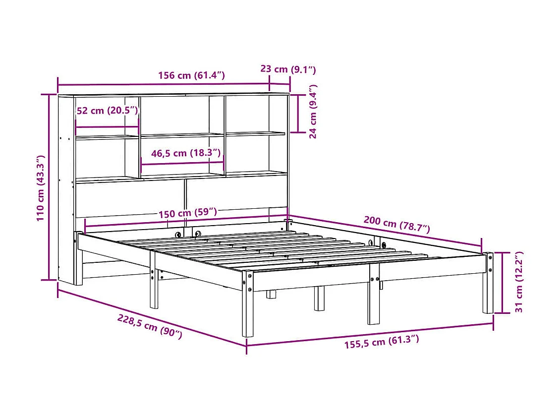 Lit bibliothèque sans matelas cire marron 150x200 cm pin massif