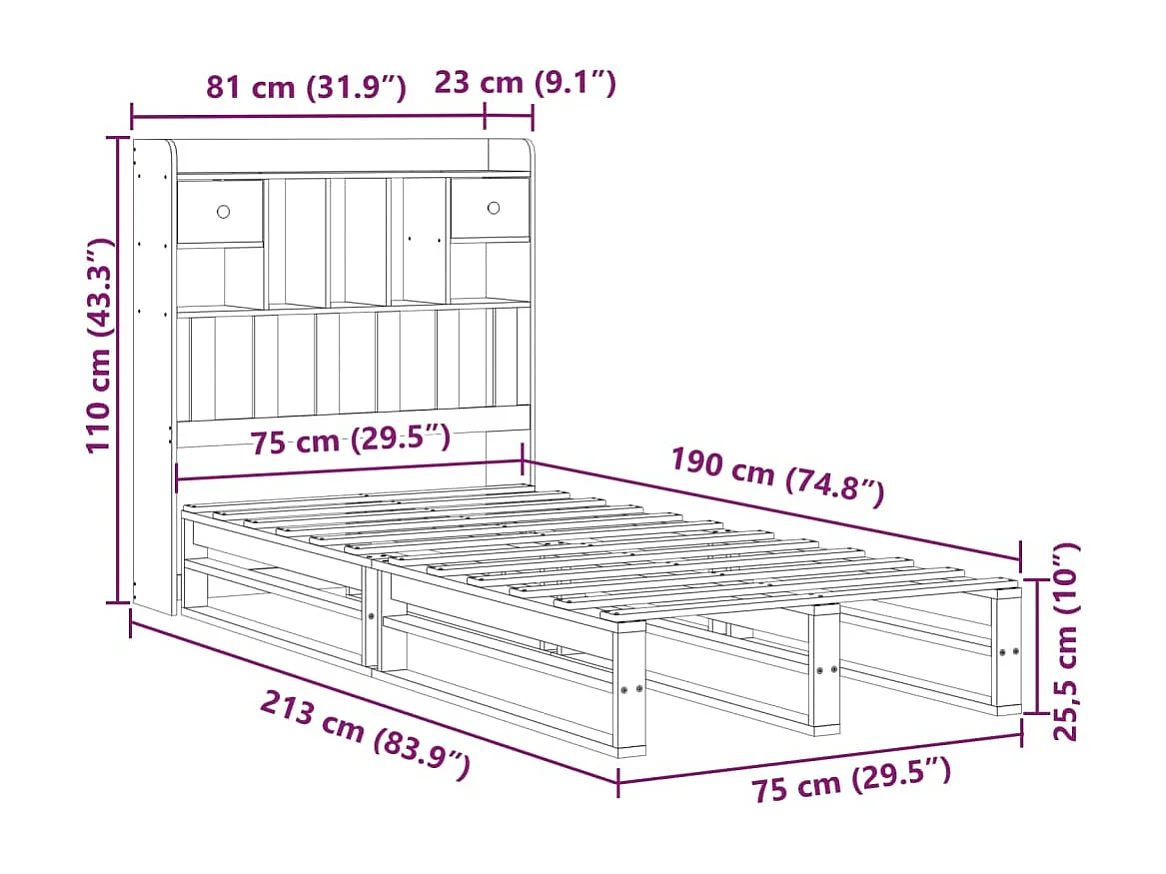 Bed met boekenkast zonder matras grenenhout wasbruin 75x190 cm