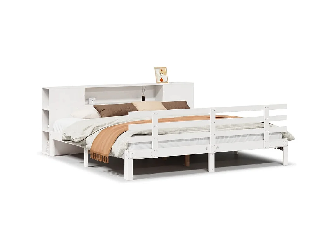 Lit bibliothèque sans matelas blanc 200x200 cm bois pin massif