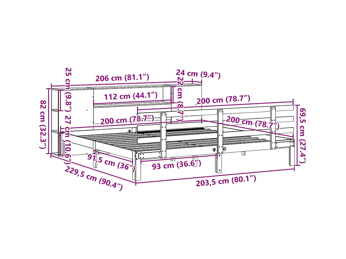 Lit bibliothèque sans matelas blanc 200x200 cm bois pin massif