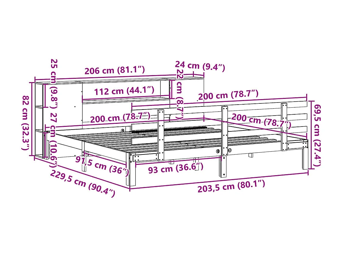 Lit bibliothèque sans matelas blanc 200x200 cm bois pin massif