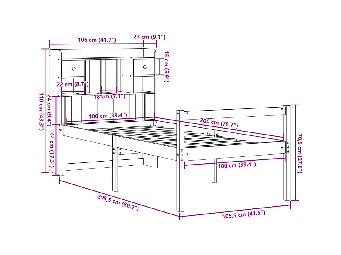 Lit bibliothèque sans matelas 100x200 cm bois massif de pin