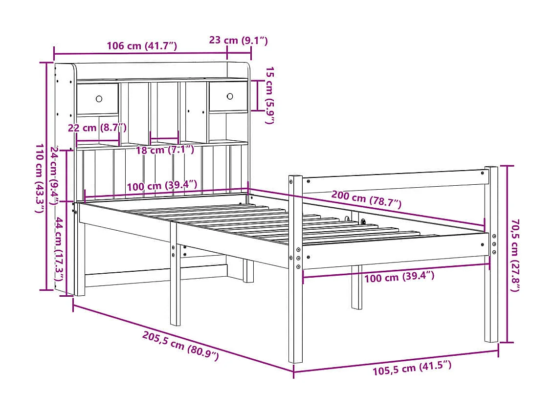 Lit bibliothèque sans matelas 100x200 cm bois massif de pin