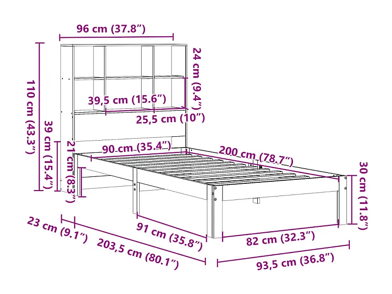 Letto Libreria senza Materasso Marrone Cera 90x200 cm in Pino
