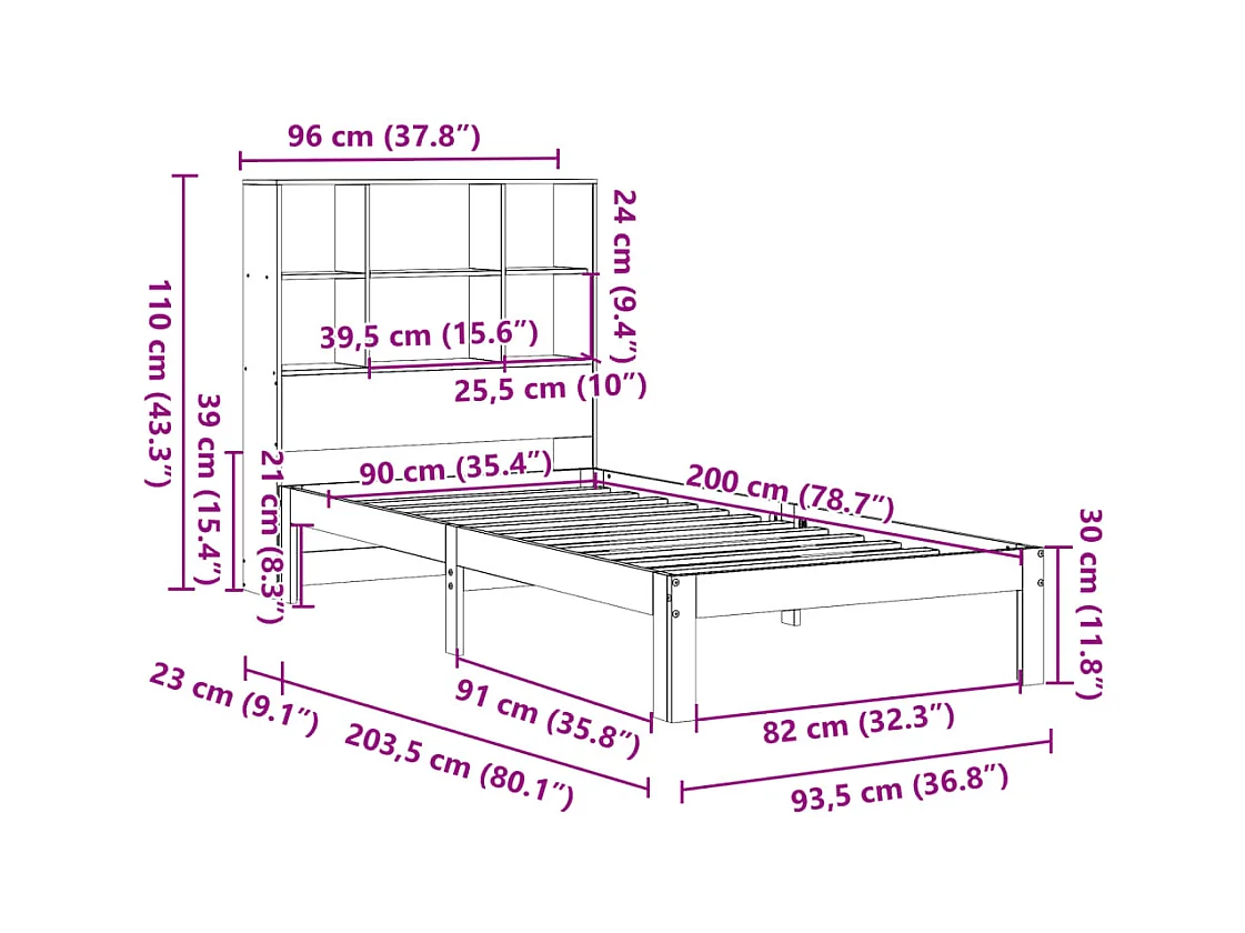 Lit bibliothèque sans matelas cire marron 90x200 cm pin massif
