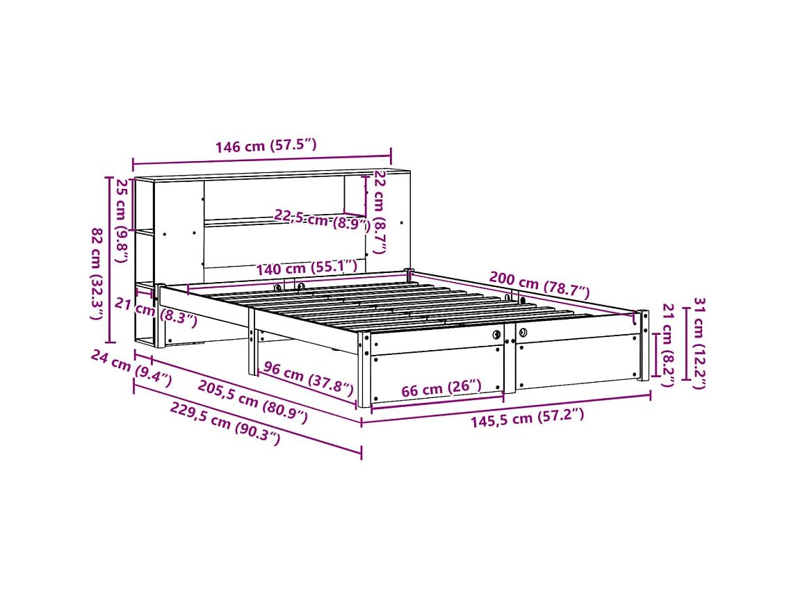 Lit bibliothèque sans matelas 140x200 cm bois massif de pin