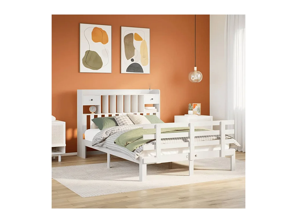 Lit bibliothèque sans matelas blanc 160x200 cm bois pin massif
