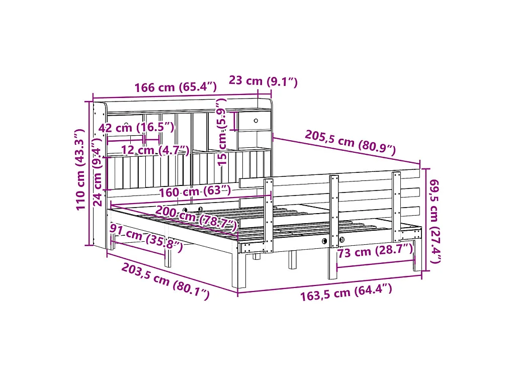 Cama con estantería sin colchón madera maciza blanca 160x200 cm