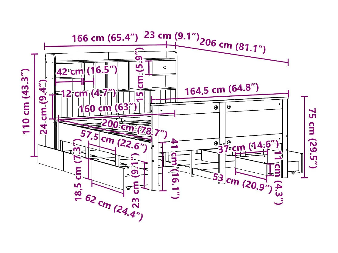Cama con estantería sin colchón madera maciza marrón 160x200 cm