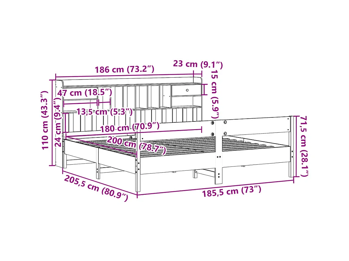 Cama com estante sem colchão 180x200 cm pinho maciço