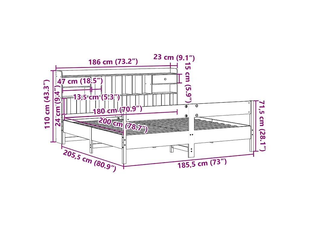 Bed met boekenkast zonder matras massief grenenhout 180x200 cm