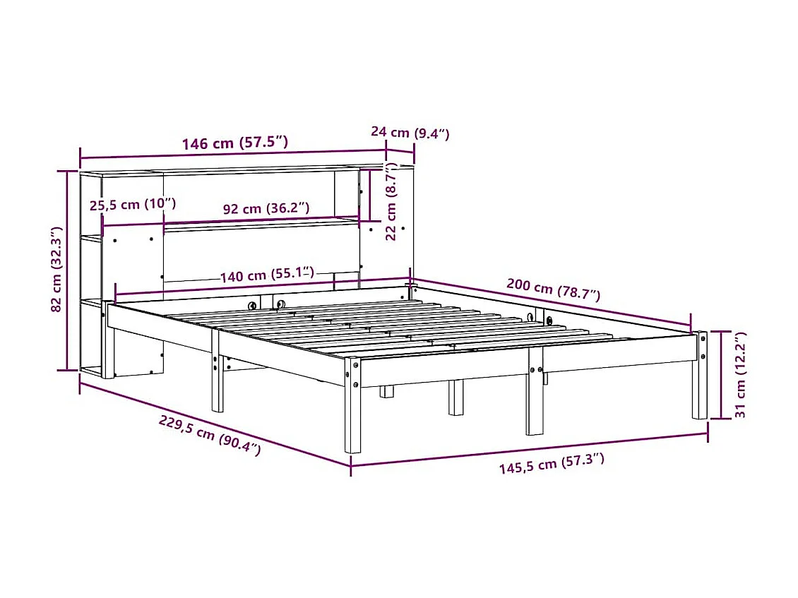 Bed met boekenkast zonder matras massief grenenhout 140x200 cm