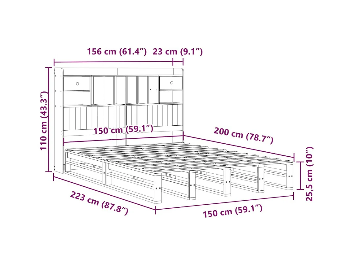 Lit bibliothèque sans matelas 150x200 cm bois massif de pin