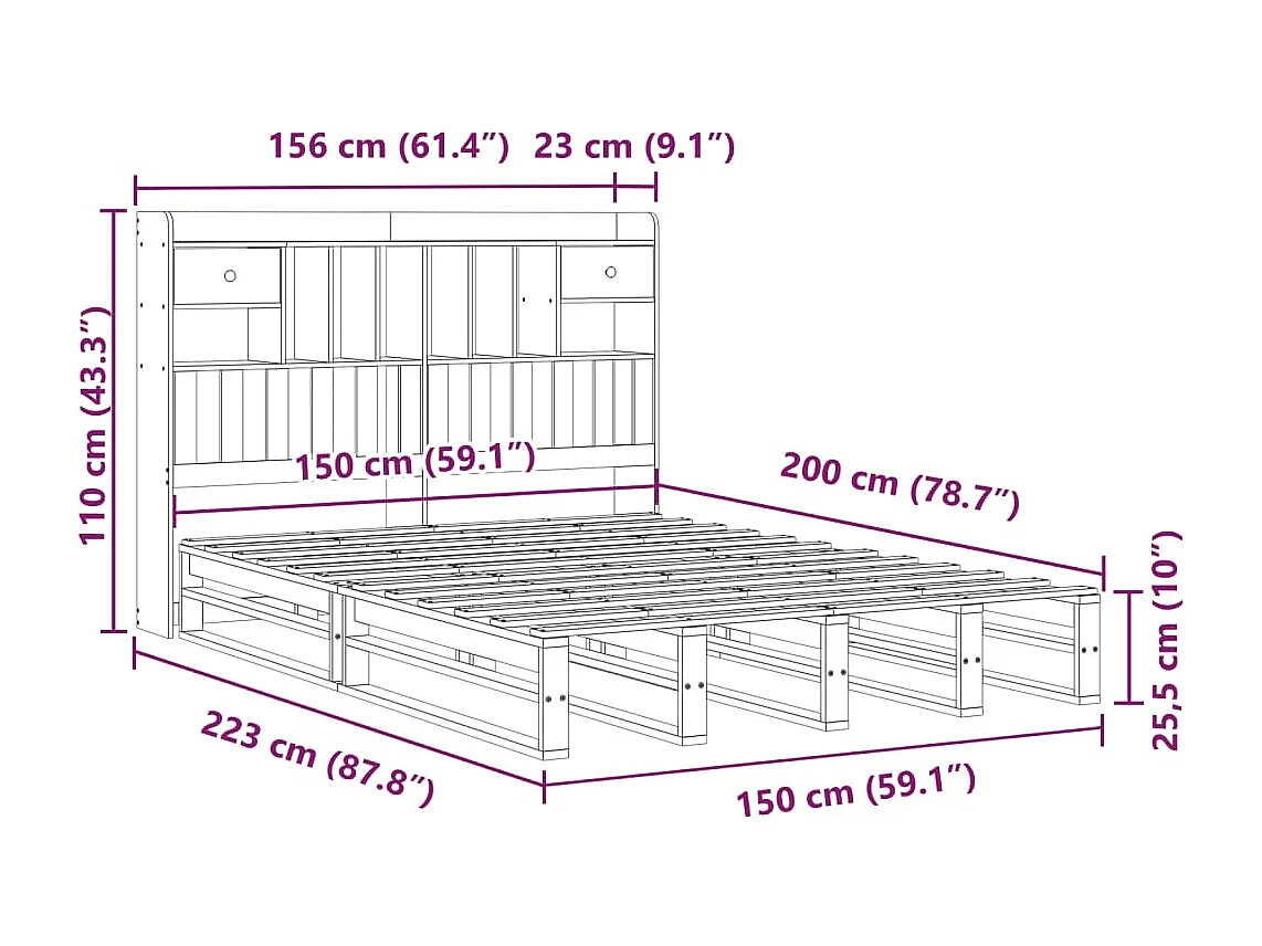 Lit bibliothèque sans matelas 150x200 cm bois massif de pin