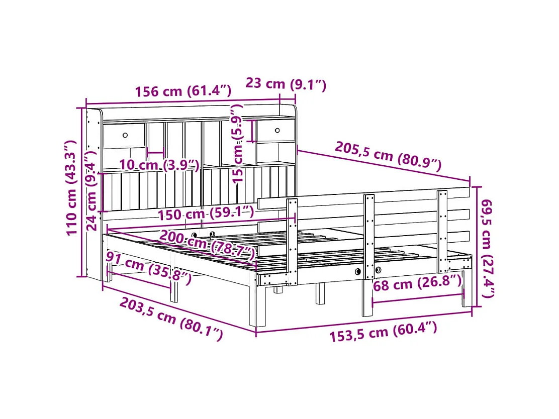 Lit bibliothèque sans matelas blanc 150x200 cm bois pin massif