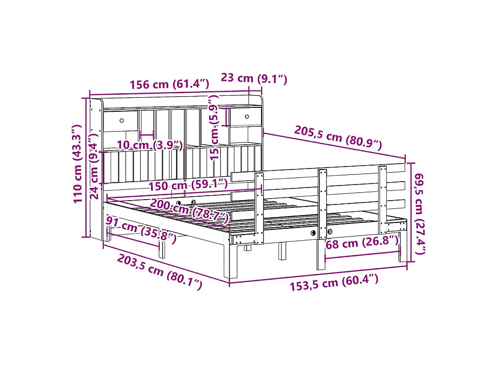 Lit bibliothèque sans matelas blanc 150x200 cm bois pin massif