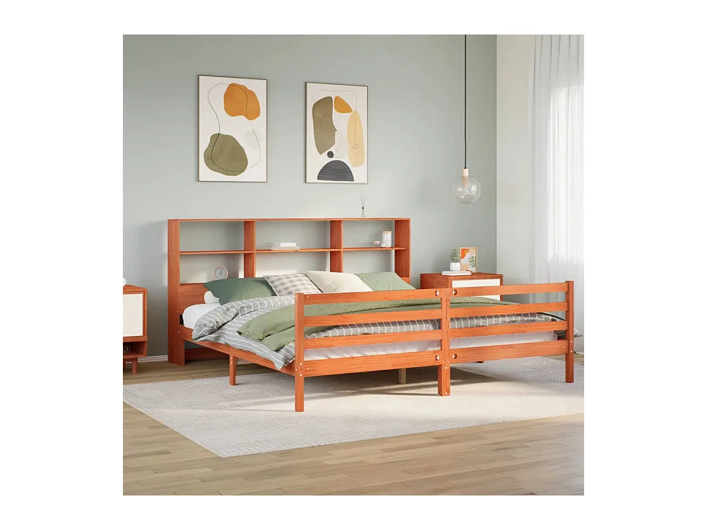 Lit bibliothèque sans matelas cire marron 180x200cm bois massif