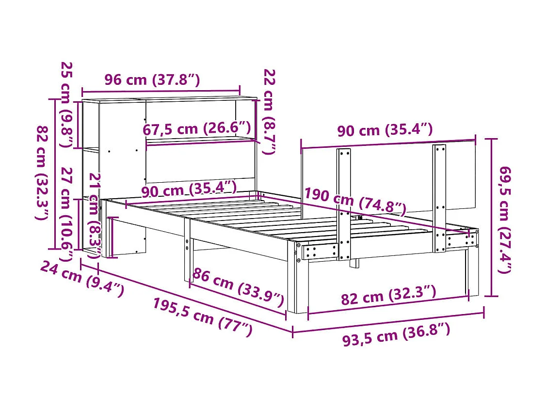 Letto Libreria senza Materasso Bianco 90x190 cm Massello Pino
