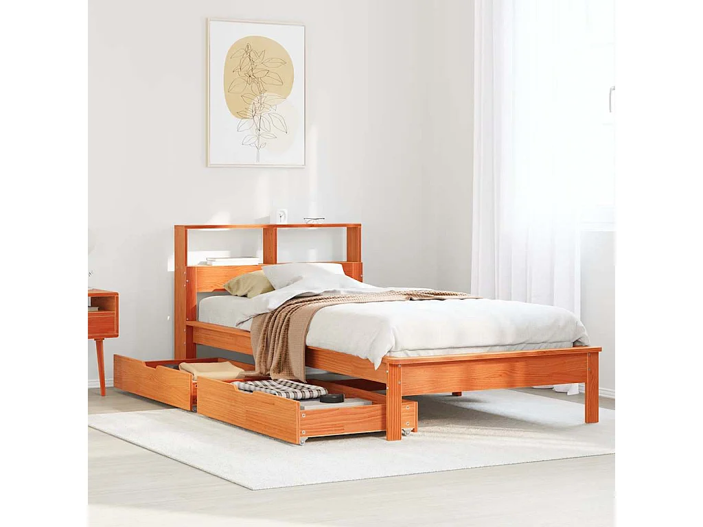 Massivholzbett mit Regal ohne Matratze Wachsbraun 75x190 cm