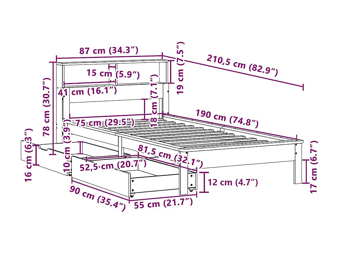 Lit bibliothèque sans matelas cire marron 75x190 cm pin massif