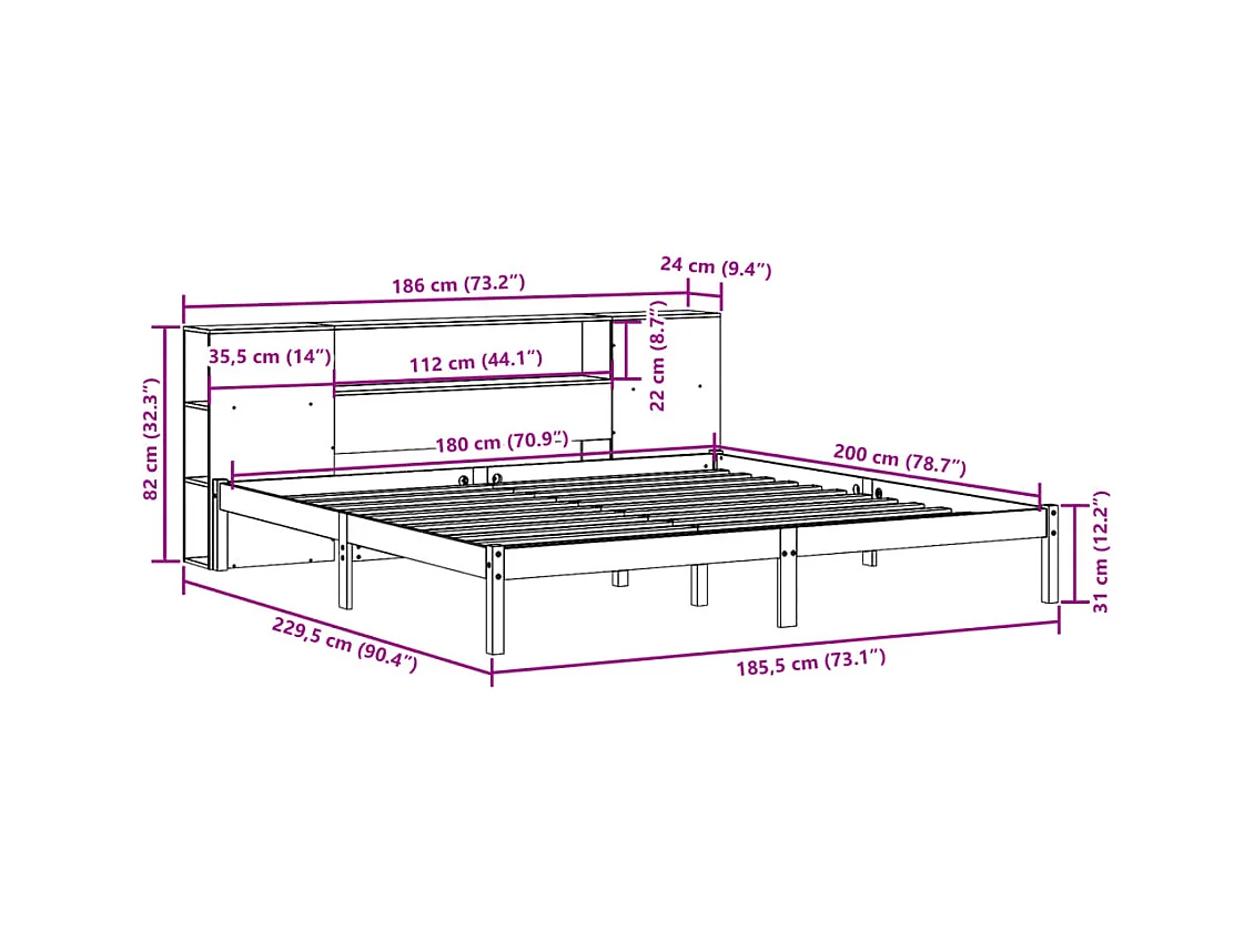 Lit bibliothèque sans matelas cire marron 180x200 cm pin massif